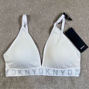 DKNY Seamless Litewear Rib Bralette White Gray Logo NWT Adjustable Bra Medium